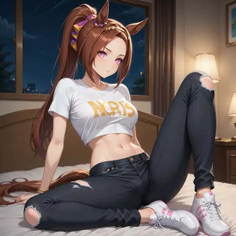anime, lazypos, masterpiece, best quality, amazing quality, dormatory, on bed, night, night time, 1girl, solo, bakushinodef, horse tail, ponytail, gold hairband, horse ears, ear ornament, pink eyes, brown hair, flower-shaped pupils, symbol in eye, flower i...