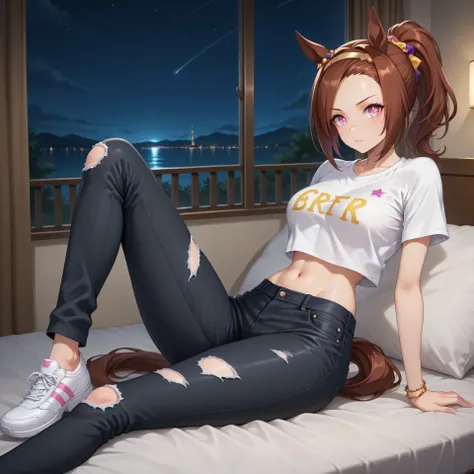 anime, lazypos, masterpiece, best quality, amazing quality, dormatory, on bed, night, night time, 1girl, solo, bakushinodef, horse tail, ponytail, gold hairband, horse ears, ear ornament, pink eyes, brown hair, flower-shaped pupils, symbol in eye, flower i...