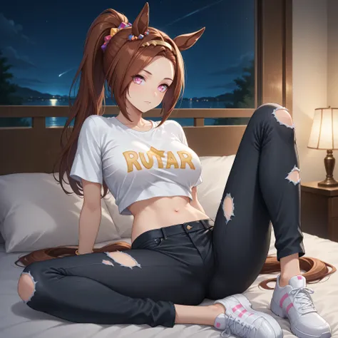 anime, lazypos, masterpiece, best quality, amazing quality, dormatory, on bed, night, night time, 1girl, solo, bakushinodef, horse tail, ponytail, gold hairband, horse ears, ear ornament, pink eyes, brown hair, flower-shaped pupils, symbol in eye, flower i...