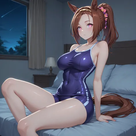 anime, lazypos, masterpiece, best quality, amazing quality, dormatory, on bed, night, night time, 1girl, solo, bakushinodef, horse tail, ponytail, gold hairband, horse ears, ear ornament, pink eyes, brown hair, flower-shaped pupils, symbol in eye, flower i...
