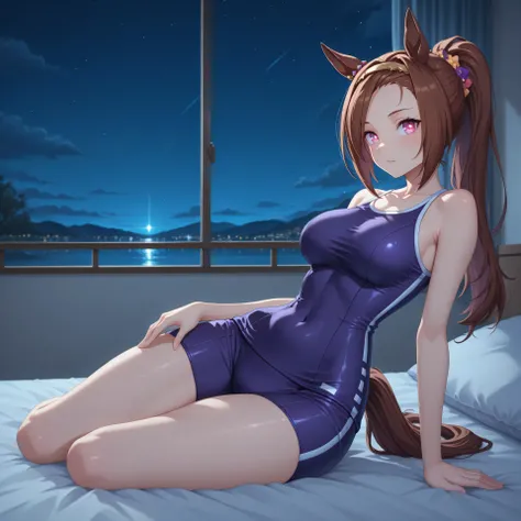 anime, lazypos, masterpiece, best quality, amazing quality, dormatory, on bed, night, night time, 1girl, solo, bakushinodef, horse tail, ponytail, gold hairband, horse ears, ear ornament, pink eyes, brown hair, flower-shaped pupils, symbol in eye, flower i...