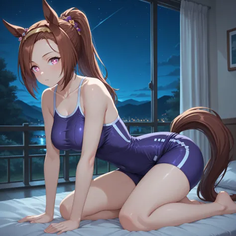 anime, lazypos, masterpiece, best quality, amazing quality, dormatory, on bed, night, night time, 1girl, solo, bakushinodef, horse tail, ponytail, gold hairband, horse ears, ear ornament, pink eyes, brown hair, flower-shaped pupils, symbol in eye, flower i...
