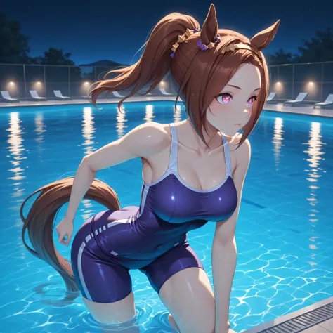 anime, lazypos, masterpiece, best quality, amazing quality, indoor swimming pool, night, night time, 1girl, solo, bakushinodef, horse tail, ponytail, gold hairband, horse ears, ear ornament, pink eyes, brown hair, flower-shaped pupils, symbol in eye, flowe...