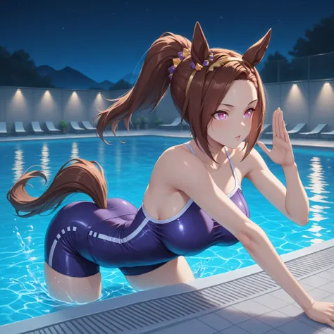 anime, lazypos, masterpiece, best quality, amazing quality, indoor swimming pool, night, night time, 1girl, solo, bakushinodef, horse tail, ponytail, gold hairband, horse ears, ear ornament, pink eyes, brown hair, flower-shaped pupils, symbol in eye, flowe...