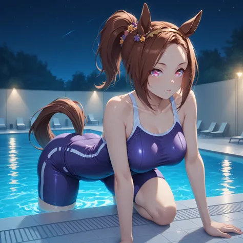 anime, lazypos, masterpiece, best quality, amazing quality, indoor swimming pool, night, night time, 1girl, solo, bakushinodef, horse tail, ponytail, gold hairband, horse ears, ear ornament, pink eyes, brown hair, flower-shaped pupils, symbol in eye, flowe...