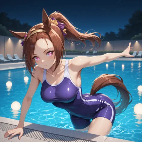 anime, lazypos, masterpiece, best quality, amazing quality, indoor swimming pool, night, night time, 1girl, solo, bakushinodef, horse tail, ponytail, gold hairband, horse ears, ear ornament, pink eyes, brown hair, flower-shaped pupils, symbol in eye, flowe...