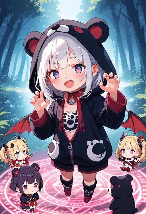 score_9, score_8_superior, score_7_superior, masterpiece, best quality, absurdres, high_fidelity, vibrant, sauce_anime, (rating_explicit:1.0), masterpiece, Highest quality, Adorable, 1girls, loli, child, (chibi:1.3), animal_hood, ANHD, bear costume, claw p...
