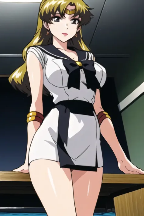 standing in the teacher's house,animated CG,can you draw a woman in a Sailor Moon costume,I'm at an outdoor pool facility,go blonde with twin tail hair,Graceful looking wavy hair,can you draw a woman in a Sailor Moon costume {x} have a thin waist with a w...
