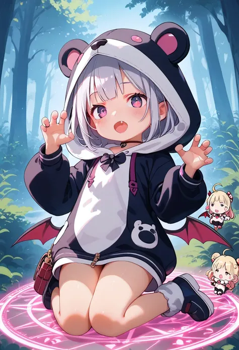 score_9, score_8_superior, score_7_superior, masterpiece, best quality, absurdres, high_fidelity, vibrant, sauce_anime, (rating_explicit:1.0), masterpiece, Highest quality, Adorable, 1girls, loli, child, (chibi:1.3), animal_hood, ANHD, bear costume, claw p...