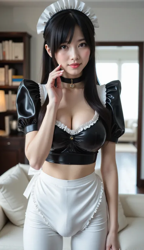 ((realism, photorealistic, life-like photograph, masterpiece, elegant, intricate)), a beautiful skinny futanari girl, 19year girl, full-body photo image (very long glossblack hair, goth blackout eyeshadow, black leather collar), pale skin, smiling, blushin...