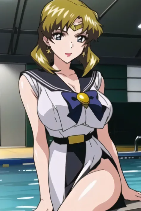  animated CG,can you draw a woman in a Sailor Moon costume,I'm at an outdoor pool facility,go blonde with twin tail hair，Graceful looking wavy hair，can you draw a woman in a Sailor Moon costume {x} have a thin waist with a white sleeveless costume,ピンクのプリーツ...