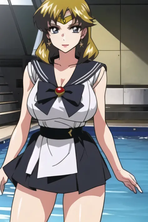 animated CG,can you draw a woman in a Sailor Moon costume,I'm at an outdoor pool facility,go blonde with twin tail hair,Graceful looking wavy hair,can you draw a woman in a Sailor Moon costume {x} have a thin waist with a white sleeveless costume,ピンクのプリーツ...