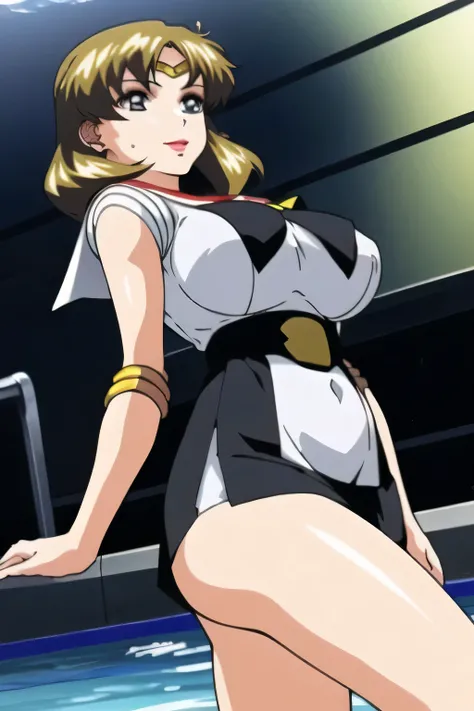 Animated CG,can you draw a woman in a Sailor Moon costume,in an outdoor pool facility,go blonde with twin tail hair,wavy hair that looks graceful,can you draw a woman in a Sailor Moon costume {X} have a thin waist with a white sleeveless costume,ピンクのプリーツM...