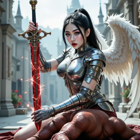 ((best quality, masterpiece, realistic photograph, life-like realism)), (((photo of an ancient powerful sword with a red chrome blade, magical white runes pulse with a powerful glowing white aura))), wielded by 18year fantasy Asian ANGEL female tall thin s...