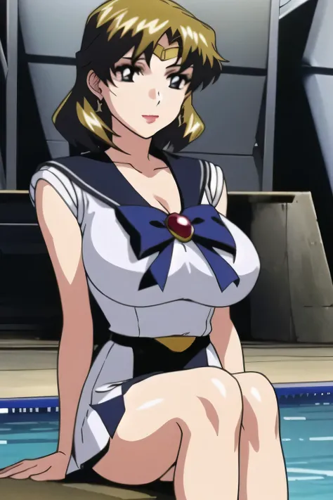 animated CG,can you draw a woman in a Sailor Moon costume,I'm at an outdoor pool facility,go blonde with twin tail hair,Graceful looking wavy hair,can you draw a woman in a Sailor Moon costume {x} have a thin waist with a white sleeveless costume,ピンクのプリーツ...