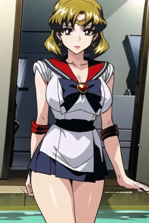 Animated CG,Sailor Moon costume even if her breasts are big,I'm at an outdoor pool facility,go blonde with twin tail hair,wavy hair that looks graceful,Sailor Moon costume even if her breasts are big {X} have a thin waist with a white sleeveless costume,ピ...