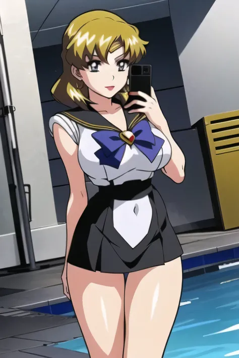  Animated CG,Sailor Moon costume even if her breasts are big,I'm at an outdoor pool facility,go blonde with twin tail hair，wavy hair that looks graceful，Sailor Moon costume even if her breasts are big {X} have a thin waist with a white sleeveless costume,ピ...