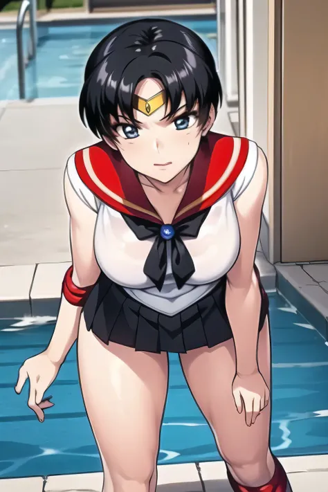 black hair，sailor moon costume posing，Thigh to Head，Black pleated micro mini skirt around the neck，black boots，beautiful legs，big boobs，big boobsでもウエストが細い，Please accurately draw the details of human hands and legs，Don't trim your face because facial expres...
