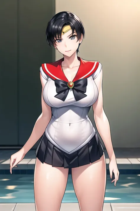black hair，sailor moon costume posing，Thigh to Head，Black pleated micro mini skirt around the neck，black boots，beautiful legs，big boobs，big boobsでもウエストが細い，Please accurately draw the details of human hands and legs，Don't trim your face because facial expres...