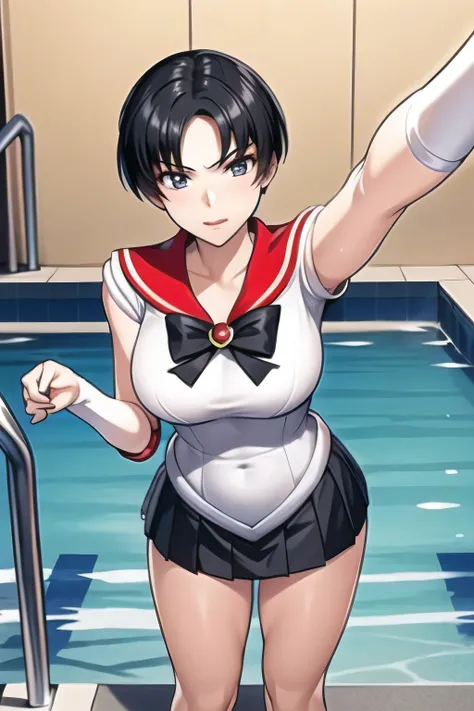 black hair，sailor moon costume posing，Thigh to Head，Black pleated micro mini skirt around the neck，black boots，beautiful legs，big breasts，big breastsでもウエストが細い，accurately draw details of human hands and legs，since facial expression is a top priority、don't t...