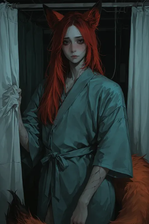 semi-realism, high definition, masterpiece, best quality, highres, extremely detailed, best aesthetic, high resolution, good colors, solo, demi-human woman, sickly pale, black eyes, eyelashes, shy expression, adorable, looking at the viewer, long messy red...