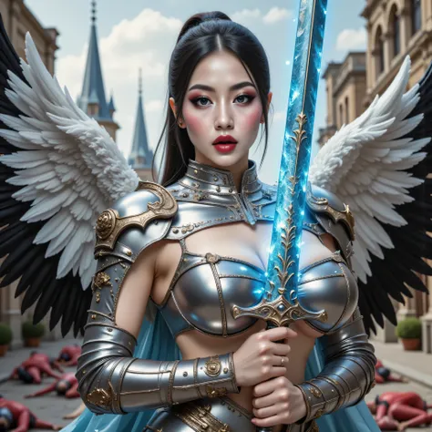 ((best quality, masterpiece, realistic photograph, life-like realism)), (((photo of an ancient powerful sword with a blue chrome blade, the sword has magical white runes pulse with a powerful glowing white aura))), wielded by 18year fantasy Asian ANGEL fem...
