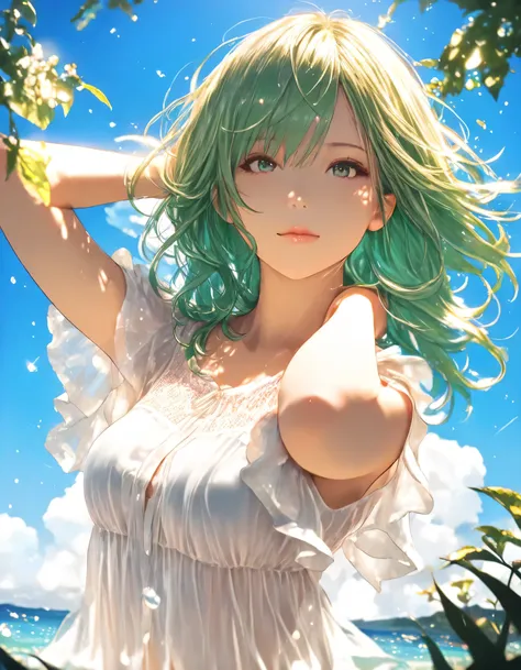 1girl, rydia \(ff4\), nier \(series\), year 2019, upper body, summer, blue sky, blouse, masterpiece, high score, great score, absurdres, 16k, Ultra detailed, (photorealistic : 0.5)