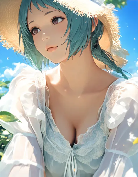 1girl, yamagishi fuuka, nier \(series\), year 2019, upper body, summer, blue sky, blouse, masterpiece, high score, great score, absurdres, 16k, Ultra detailed, (photorealistic : 0.5)