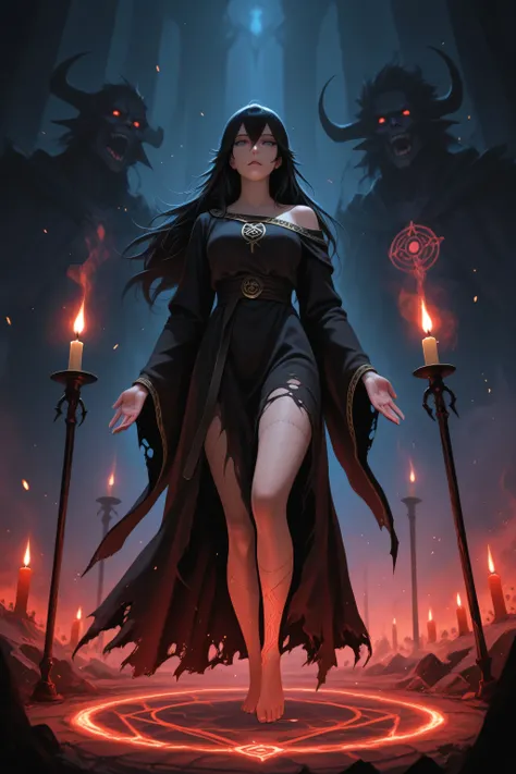 A mysterious and alluring young summoner, mid-ritual during a forbidden “Demon Calling” ceremony. She stands barefoot in the center of a scorched summoning circle etched into ancient stone, surrounded by flickering black candles. Her long, jet-black hair w...