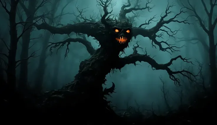 Evil tree, demonic, darkness, nighttime, foggy, dark forest, high detail, masterpiece.