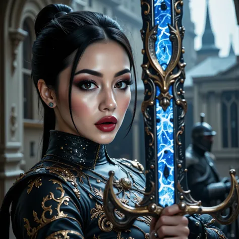 ((best quality, masterpiece, realistic photograph, life-like realism)), (((((broken angel wings, many missing feathers, torn bloody wings))))), (((photo of an ancient powerful sword with a blue chrome blade, the sword has magical white runes pulse with a p...
