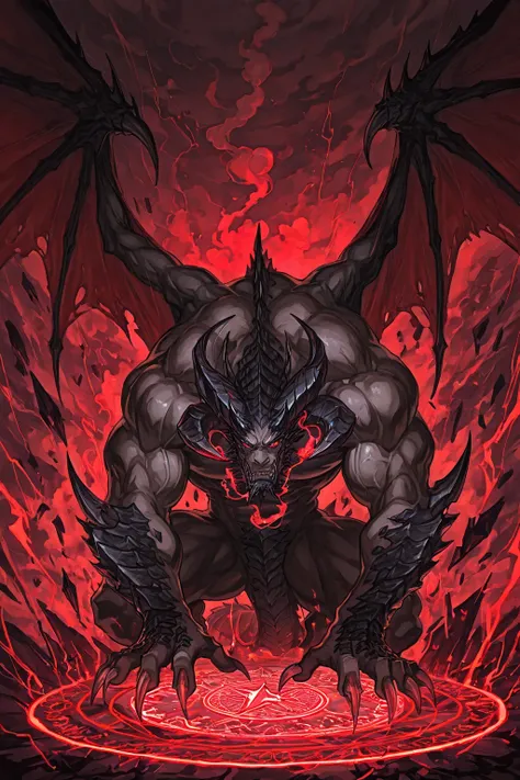 dynamic low angle, a muscular demon emerging on center of a glowing magic circle, leaning forward,  sharp claws reaching toward the viewer, curved black horns, glowing red eyes, obsidian scales, large bat wings, energy shards and glowing particles flying, ...