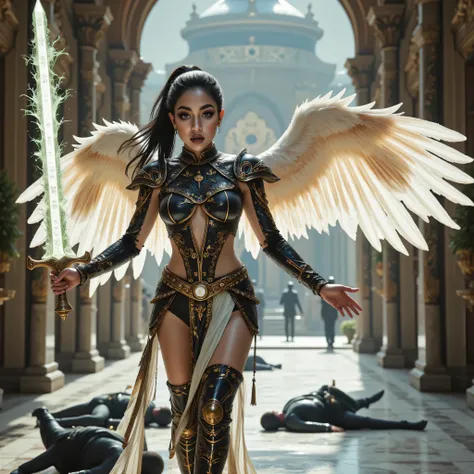 ((best quality, masterpiece, realistic photograph, life-like realism)), (((((white angel wings with feathers replaced by burned and torn quills, missing feathers, torn bloody wings))))), (((photo of an ancient powerful sword with a blue chrome blade, the s...