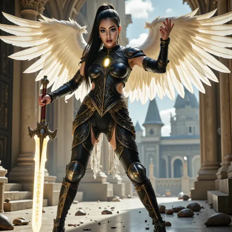 ((best quality, masterpiece, realistic photograph, life-like realism)), (((((white angel wings with feathers replaced by burned and torn quills, missing feathers, torn bloody wings))))), (((photo of an ancient powerful sword with a blue chrome blade, the s...