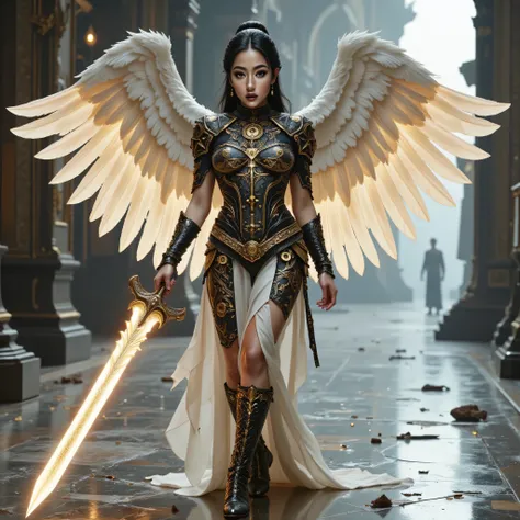 ((best quality, masterpiece, realistic photograph, life-like realism)), (((((white angel wings with feathers replaced by burned and torn quills, missing feathers, torn bloody wings))))), (((photo of an ancient powerful sword with a blue chrome blade, the s...