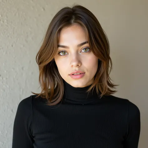 RAW, close-up portrait, amateur photography of a stunning 22-year-old female model with slightly long chestnut brown hair styled in soft natural waves, parted gently to the side. Her expressive green eyes look into the camera with serene confidence, lips c...