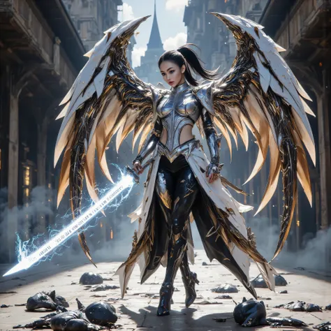 ((best quality, masterpiece, realistic photograph, life-like realism)), (((((white angel wings with feathers replaced by burned and torn quills, missing feathers, torn bloody wings))))), (((photo of an ancient powerful sword with a blue chrome blade, the s...