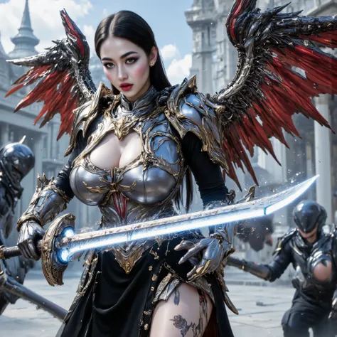 ((best quality, masterpiece, realistic photograph, life-like realism)), (((((bloody torn red angel wing, missing feathers, broken bloody wings))))), (((photo of an ancient powerful sword with a blue chrome blade, the sword has magical white runes pulse wit...