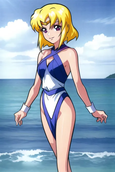 can you draw a woman in a Sailor Moon costume，can you draw blondes，nice smile,I'm drawing her expression more delicately，I&#39;m in the ocean ，Can you draw a woman in a micro bikini swimsuit，can you draw looking back at the blackboard，since facial expressi...