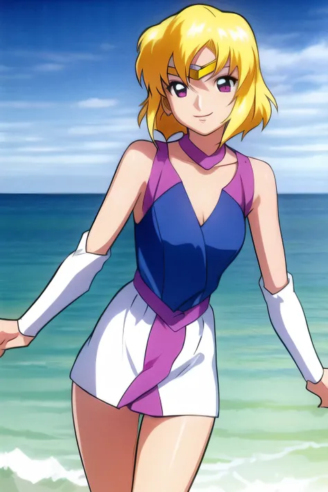 can you draw a woman in a Sailor Moon costume，can you draw blondes，nice smile,I'm drawing her expression more delicately，I&#39;m in the ocean ，Can you draw a woman in a micro bikini swimsuit，can you draw looking back at the blackboard，since facial expressi...