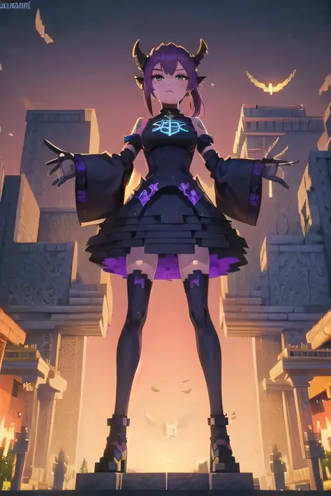 ((best quality)), ((masterpiece)), (detailed),1 girl。Megurine Luka。lips。The golden ratio。Devil Girl。((standing with arms crossed))。is in a hurry。anxious expression。The Royal Family。Prairie。Composition from below。((zzNetherPortal:1.2)), block (minecraft), m...