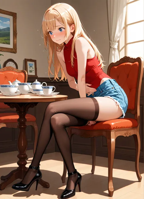 Score_9, Score_8_up, Score_7_up, Score_6_up, Score_5_up, Score_4_up, Source_anime, (extremely detailed and high-quality illustration),(best lighting and shadow effects, ultra-realistic), KJOmari, blonde, (young woman), sitting, at home, causual dinner, sit...