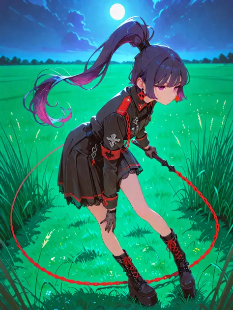 masterpiece, best quality, fullbody, 1girl, deep indigo ponytail, red chain earrings, stern expression, black military uniform with gothic elements, red chain whip, eye-level, lace gloves, emotionless, platform boots, dynamic poses. Tall grass, field , moo...