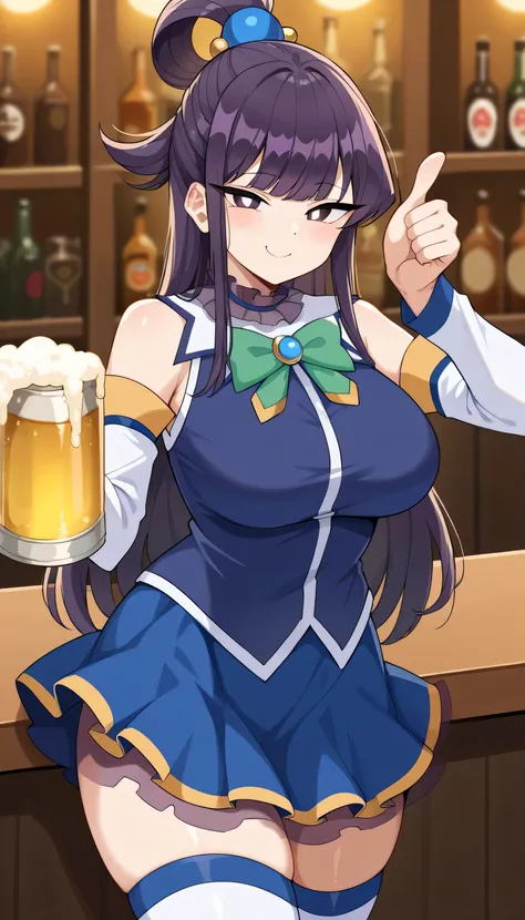 score_9, score_8_up, score_7_up, source_anime, Komi Shouko, long hair, bangs, purple eyes, purple hair, sidelocks, blunt bangs, bright pupils, half updo, large breasts, aqua cosplay, aqua (konosuba) (cosplay), skirt, shirt, thighhighs, bare shoulders, deta...