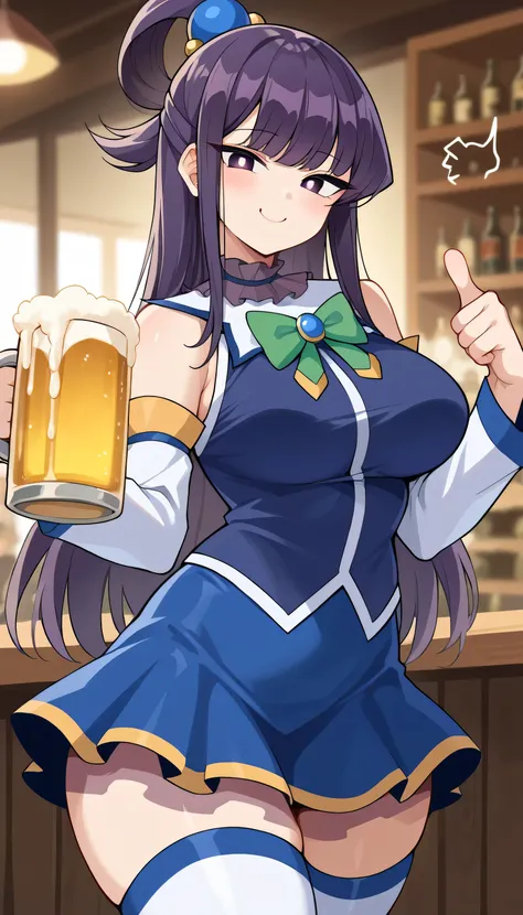 score_9, score_8_up, score_7_up, source_anime, Komi Shouko, long hair, bangs, purple eyes, purple hair, sidelocks, blunt bangs, bright pupils, half updo, large breasts, aqua cosplay, aqua (konosuba) (cosplay), skirt, shirt, thighhighs, bare shoulders, deta...