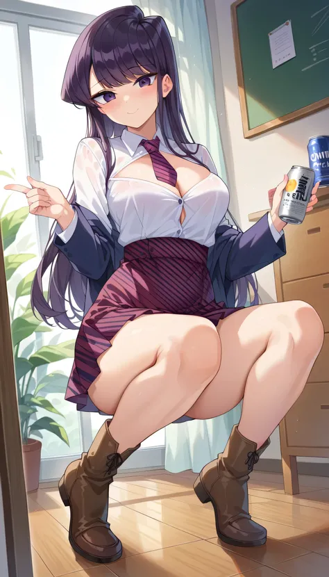 high quality,high quality、 
Komi Shouko、 purple hair, hair accessories, purple eyes,   Long Sleeve, tie,   Outfit Cutout, cleavage cutout, pink tie、Skirt、thighs、boots、See viewer、(blushes:1.2)、(happy smile)、( stretched out:1.2)、(Standing on tiptoe:1.2)、(can...