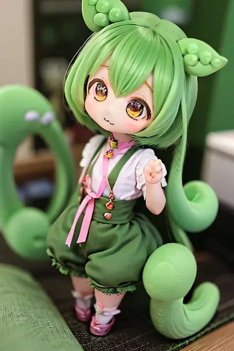 かわいい green-haired zundamon in playful pose, ( chibi), Nikon Z7 IIミラーレスカメラを使った街中の詳細なキャラクターデザイン , 繊細な詳細 , シュールな , フォトリアリスティック , 8k, 傑作 , は高解像度です, 明るい色, ...