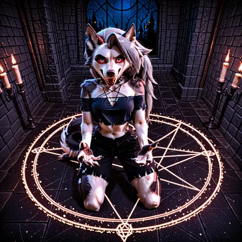 masterpiece, ultra highres, best quality, anthro wolf girl Loona, realistic gray and white two-tone fur, fluffy tail, detailed fur texture, wearing black crop top and shorts, kneeling inside large glowing red pentagram, red electrical energy spikes, candle...