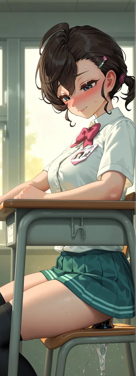 anime, masterpiece, best quality, 8k, 1girl,  vaginal x-rays , , chair, sitting on dildo, Inside the dildos , calm face, , long black hair, school uniform, miniskirt, name tag, , thigh high socks, hairpin, Human, classroom,  Windows , side, Looking Out the...