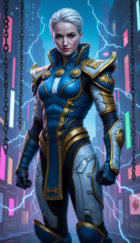 Kaitlyn Dever as Frost, Mortal Kombat, fierce futuristic warrior, standing tall, neon-lit cyberpunk city, at night, sleek high-tech exosuit, deep blue, white, and gold, intricate armored plating, glowing accents, short white hair, cold blue eyes, scar on h...